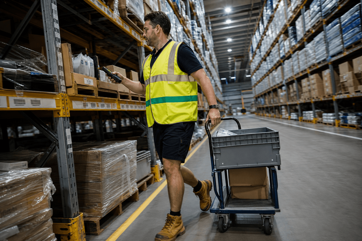 A male warehouse picker in a yellow hi-vis vest scans a shelf barcode with a handheld scanner while moving along a racking aisle in an Australian distribution centre, a pick trolley beside him.