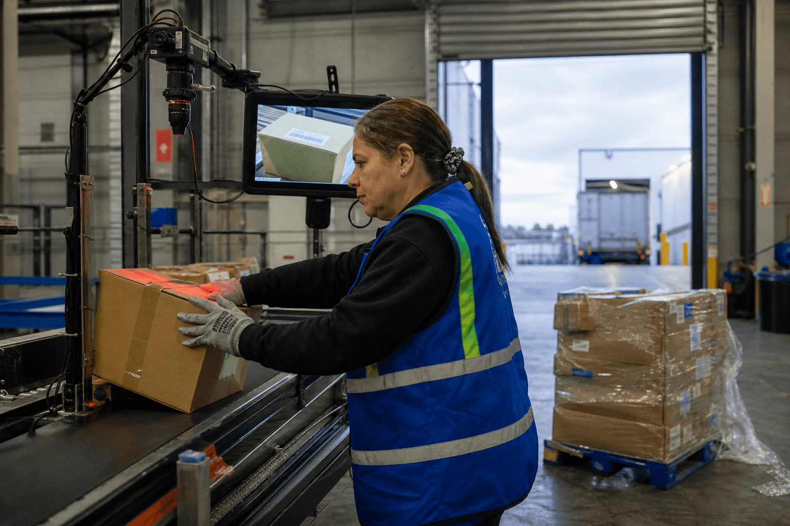 A female dock worker in a blue hi-vis vest inspects incoming freight at a receiving station in an Australian warehouse, with a mounted camera and inspection monitor above the conveyor belt and an open roller door in the background.