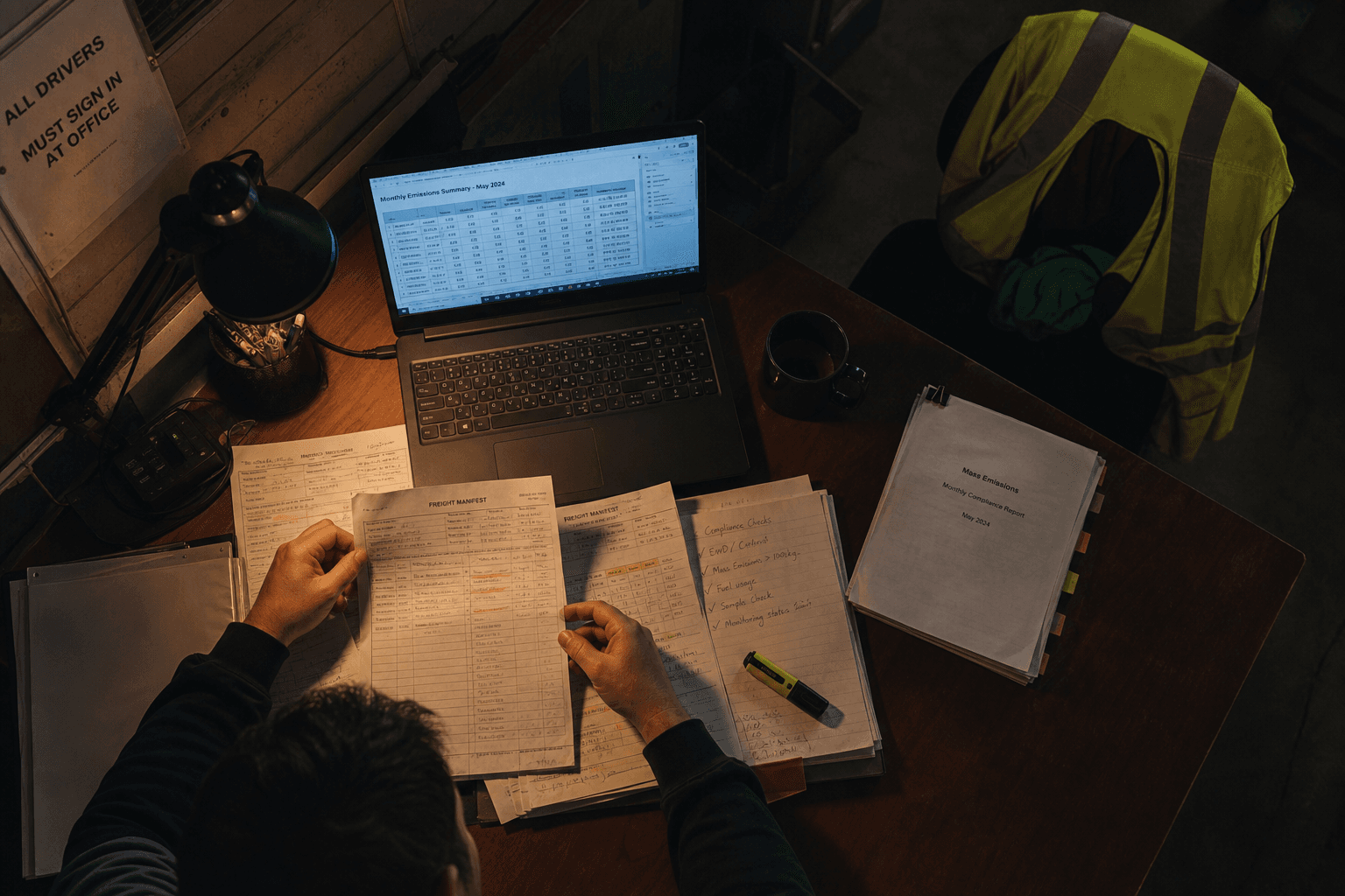 Overhead view of a freight depot office desk at night, with printed manifests, compliance documents, and a glowing laptop spreadsheet spread across the surface, illuminated by warm task-lamp light and screen glow.