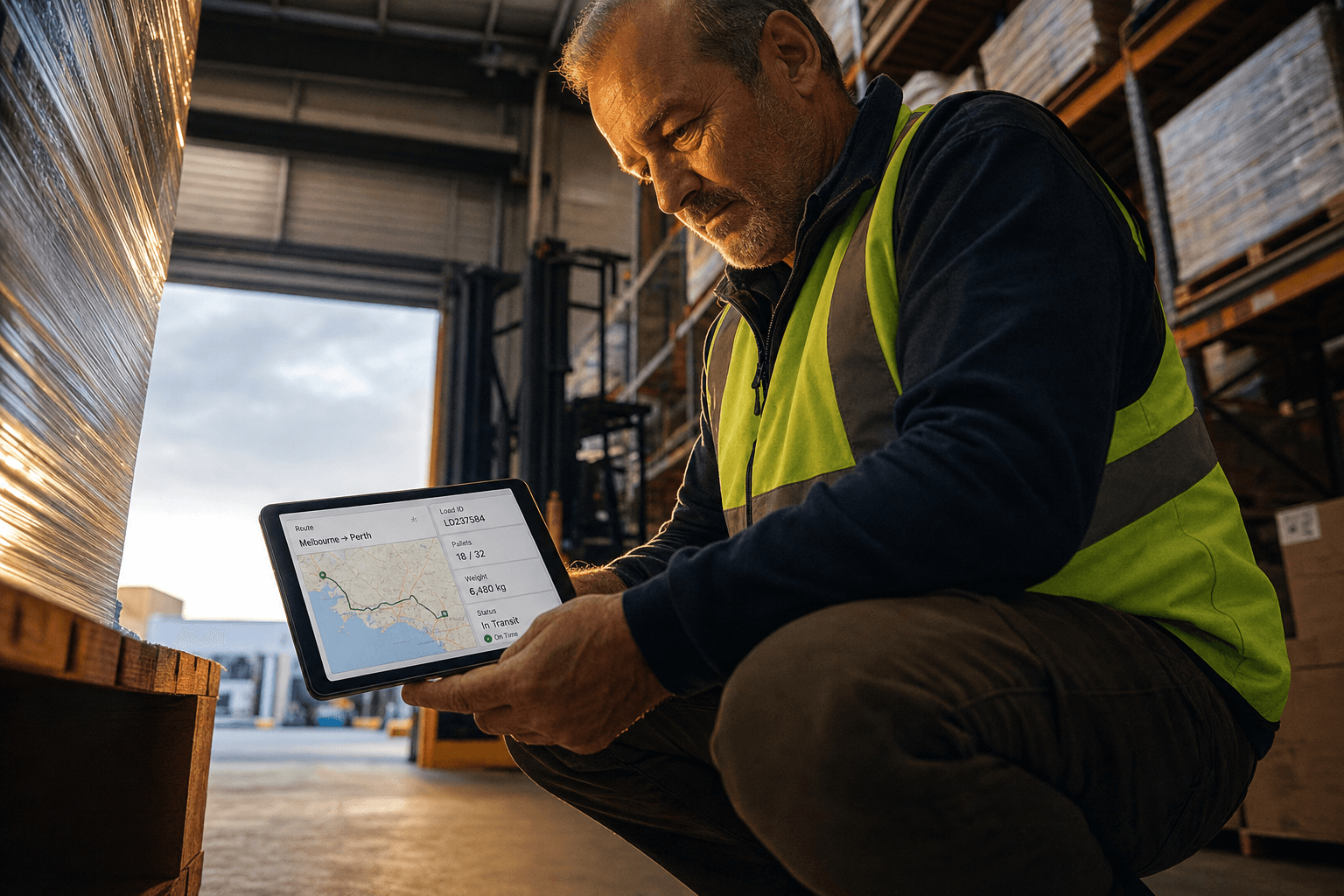 A male warehouse worker in a hi-vis vest crouches beside a loaded pallet inside an Australian freight depot, reviewing a tablet displaying load data, lit by warm golden light from an open roller door with warehouse racking behind him.