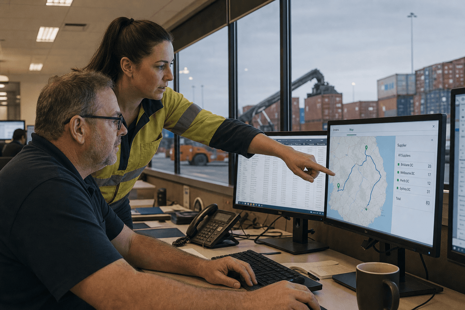 A male dispatch coordinator and a female colleague in high-vis study a route planning screen showing supplier data inside an Australian logistics operations room, with a container yard and reach stacker visible through the window behind them.