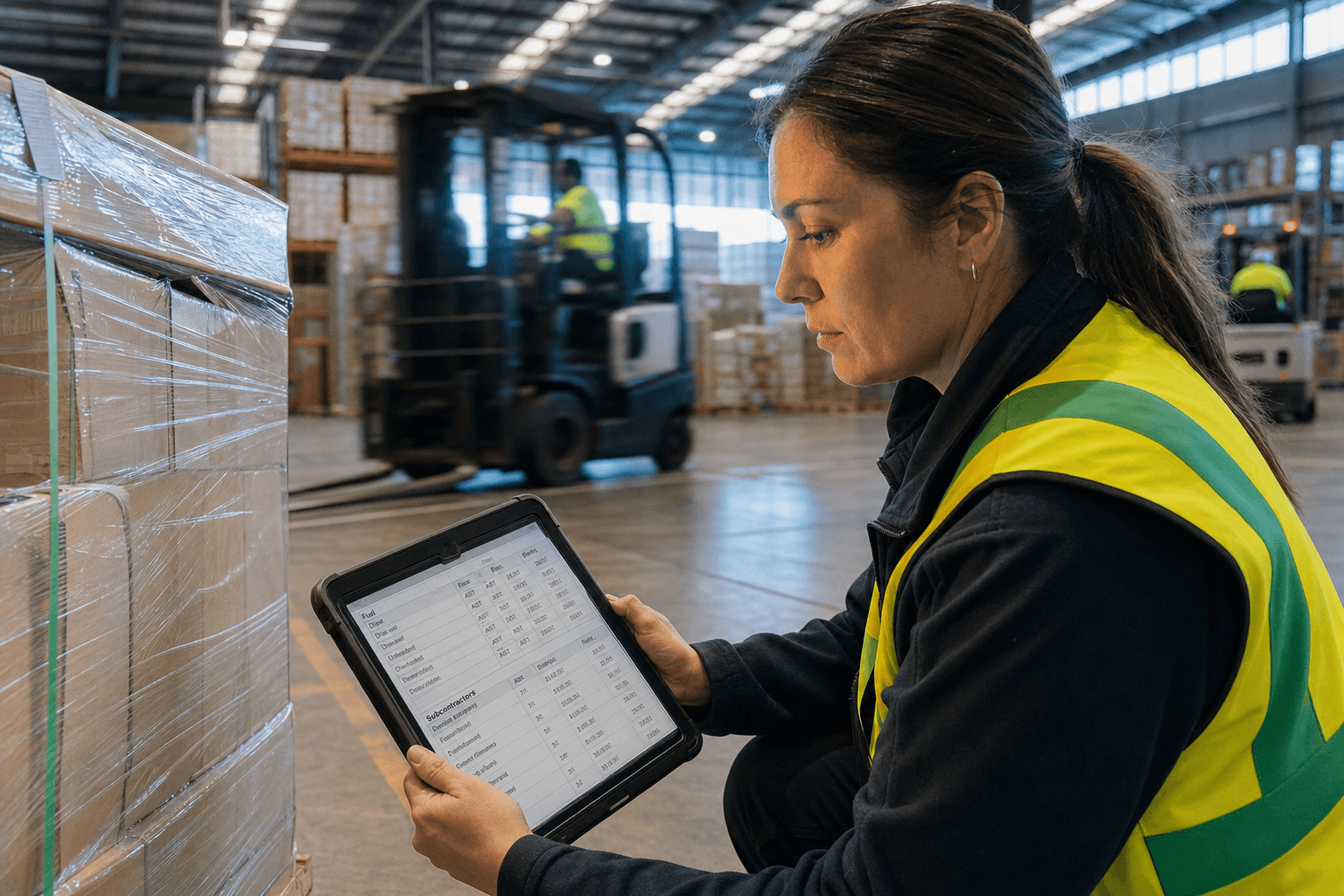 A female logistics worker in a yellow hi-vis vest crouches beside a warehouse pallet, studying a data table on a ruggedised tablet, with forklifts and stacked pallets blurred in the background.