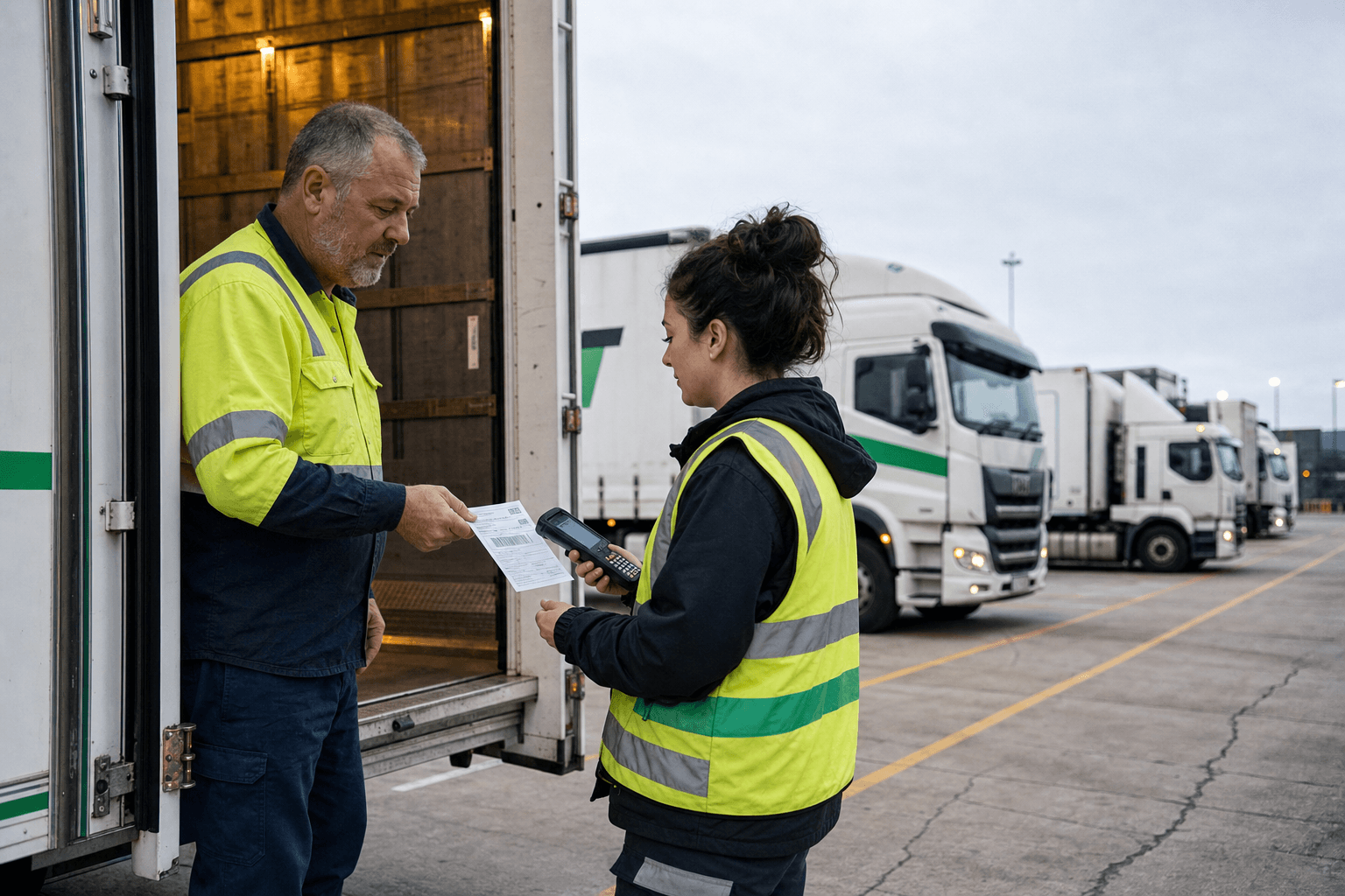 A male truck driver hands a delivery docket to a female depot worker scanning a barcode in an Australian freight yard, with a row of semi-trailers parked under an overcast sky behind them.