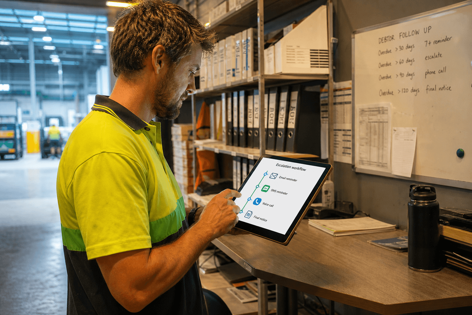 A male freight accounts officer in his 30s reviews a payment reminder escalation workflow on a tablet at a standing desk inside an Australian logistics office, ring-binder folders and a whiteboard visible behind him.