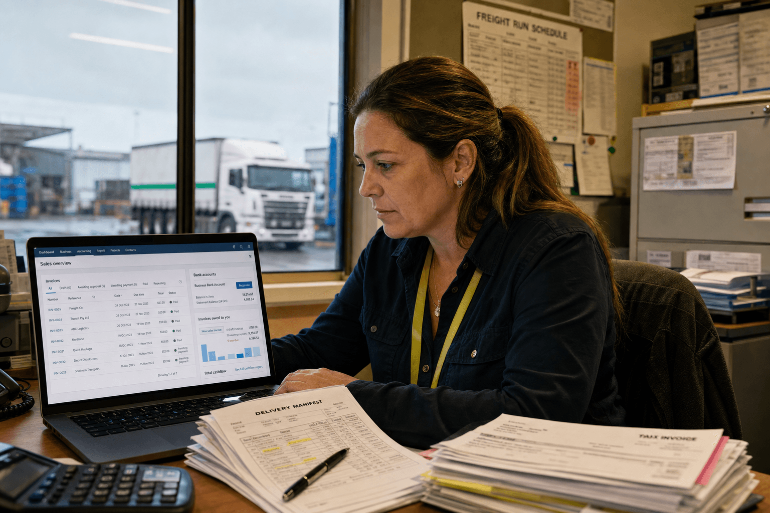 A female logistics administrator in her late 30s works on accounting software at a back-office workstation inside an Australian freight company, with a truck yard visible through the window behind her.