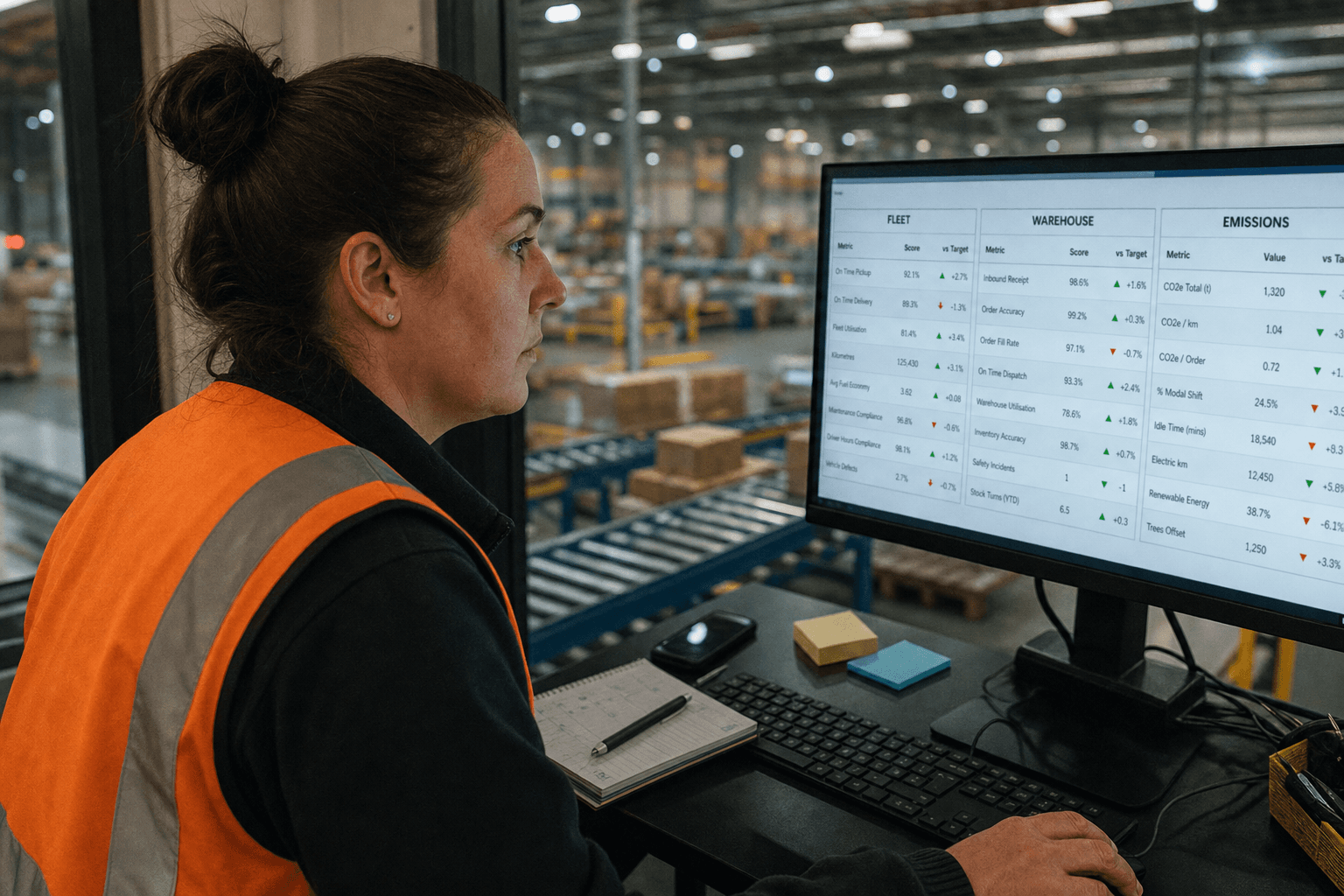 A female logistics dispatcher in a high-vis vest reviews an operational metrics dashboard on a monitor at a workstation on the edge of a busy Australian warehouse floor.