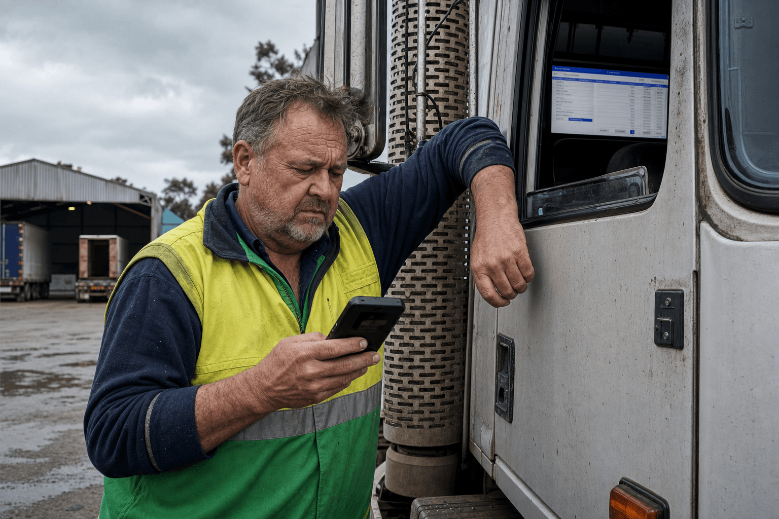 An older male Australian truck driver in high-vis gear stands beside a prime mover at an outdoor freight depot, looking at a handheld device showing an error, with corrugated iron sheds and an overcast sky in the background.