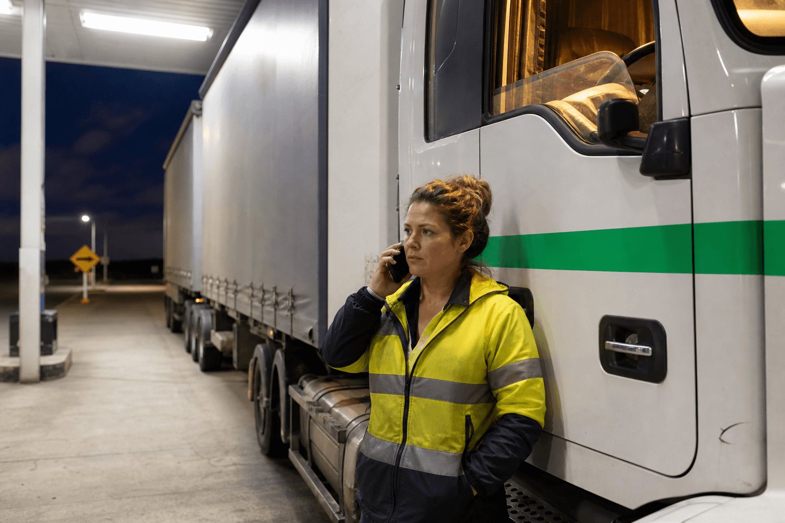 A female truck driver in high-vis stands beside a parked B-double at a regional Australian overnight rest stop, talking on her mobile phone under bright fluorescent canopy lighting with a dark outback sky behind her.