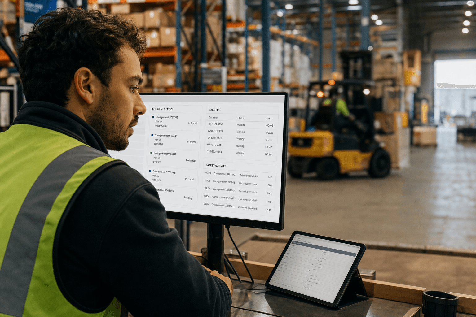 A young male warehouse coordinator in a high-vis vest sits at a workstation on an active warehouse floor, studying a logistics dispatch dashboard on screen, with a tablet beside him and a forklift visible in the background.