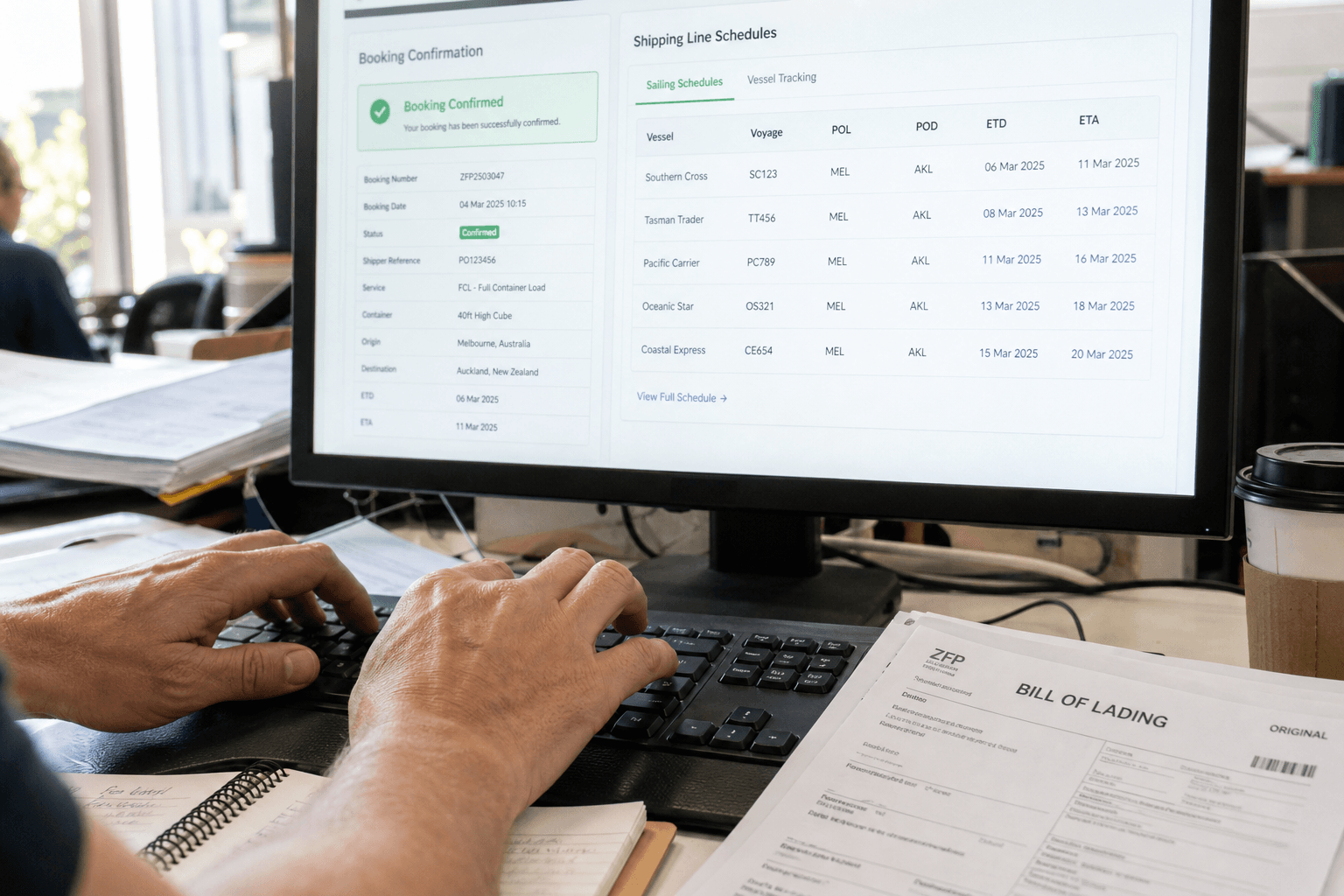 Close-up of hands typing on a keyboard in front of a computer screen showing booking confirmation and shipping schedule data in a bright office setting.