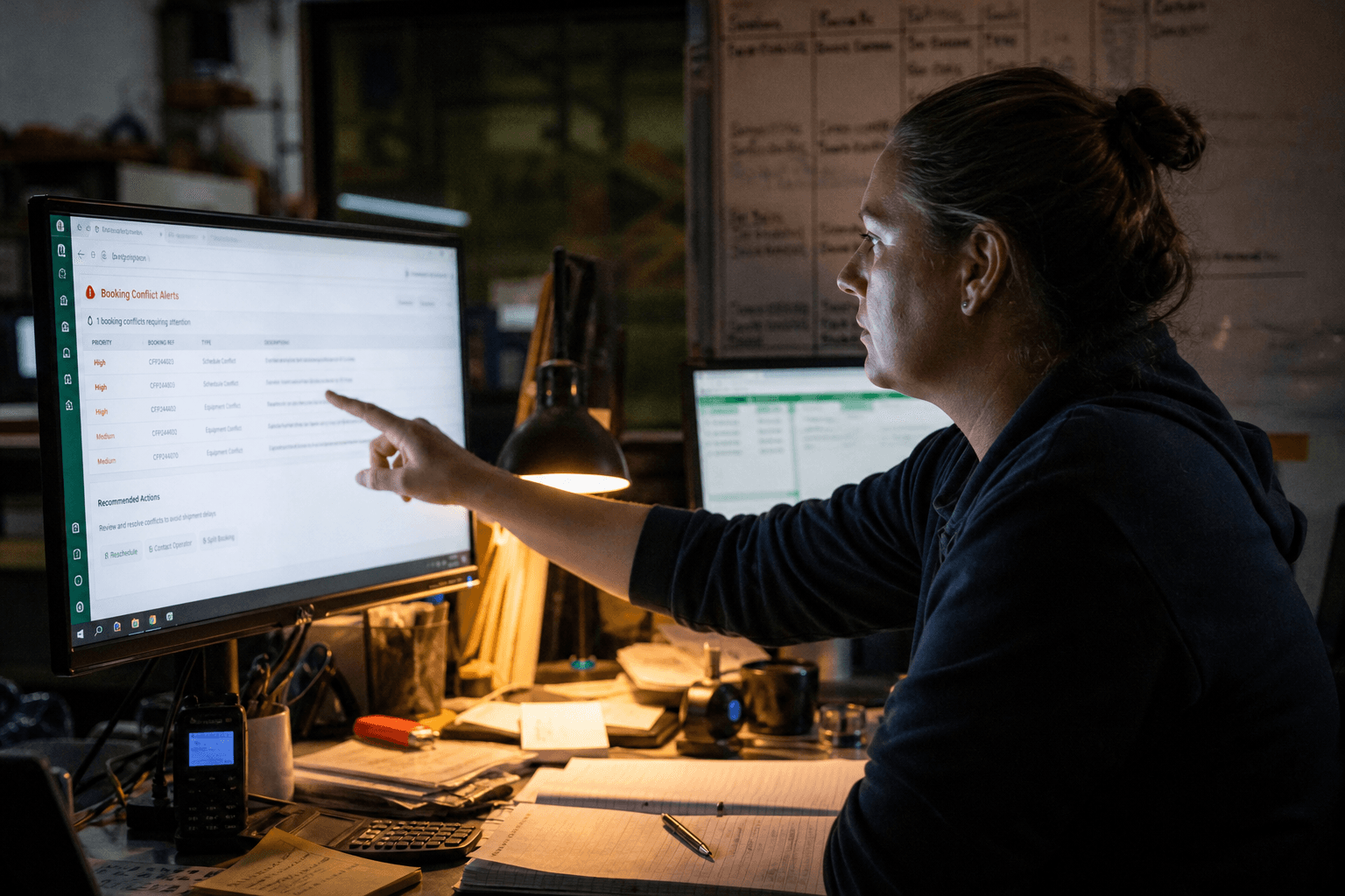 A logistics planner viewed in side profile points at a screen displaying a flagged booking conflict in a dimly lit depot office at night.