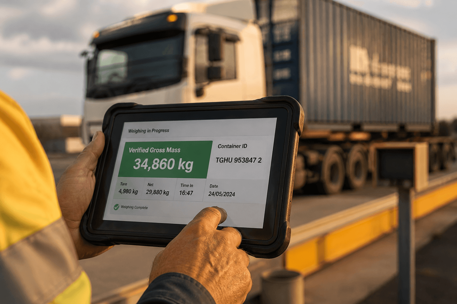 Close-up of hands in a hi-vis sleeve holding a rugged tablet displaying a container weight figure, with a truck blurred in the background at a weighbridge.