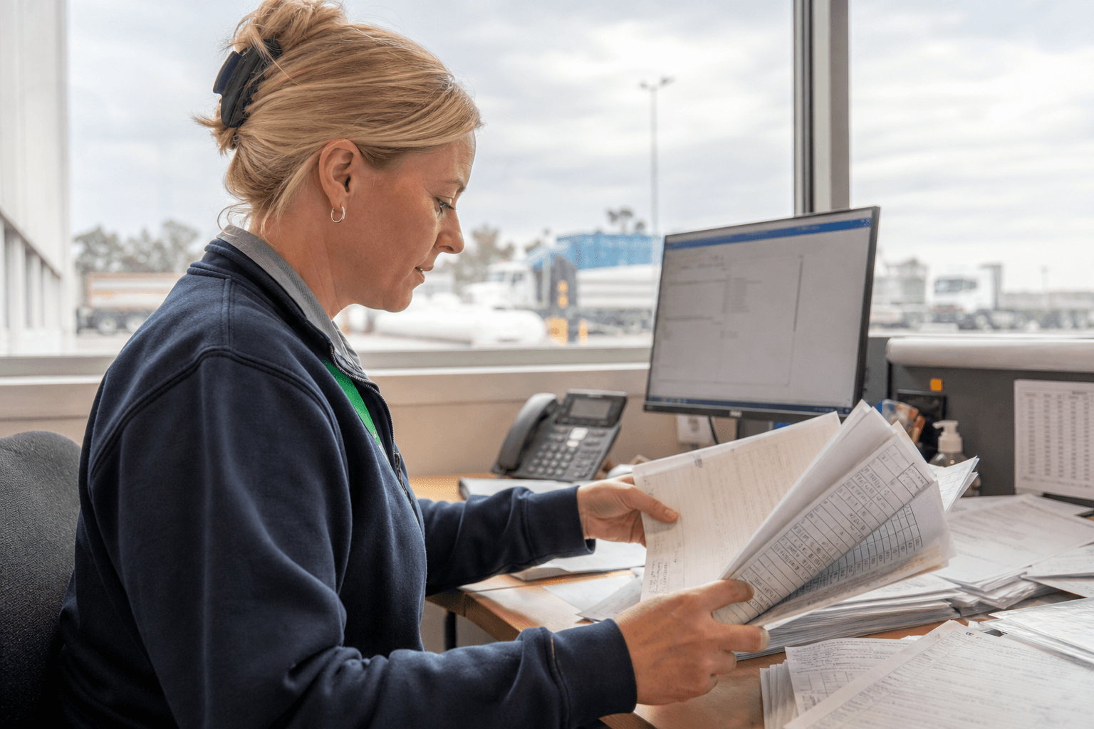 A dispatch coordinator is caught mid-motion sorting through printed weighbridge dockets and manifest documents at a desk lit by bright daylight from a nearby window.
