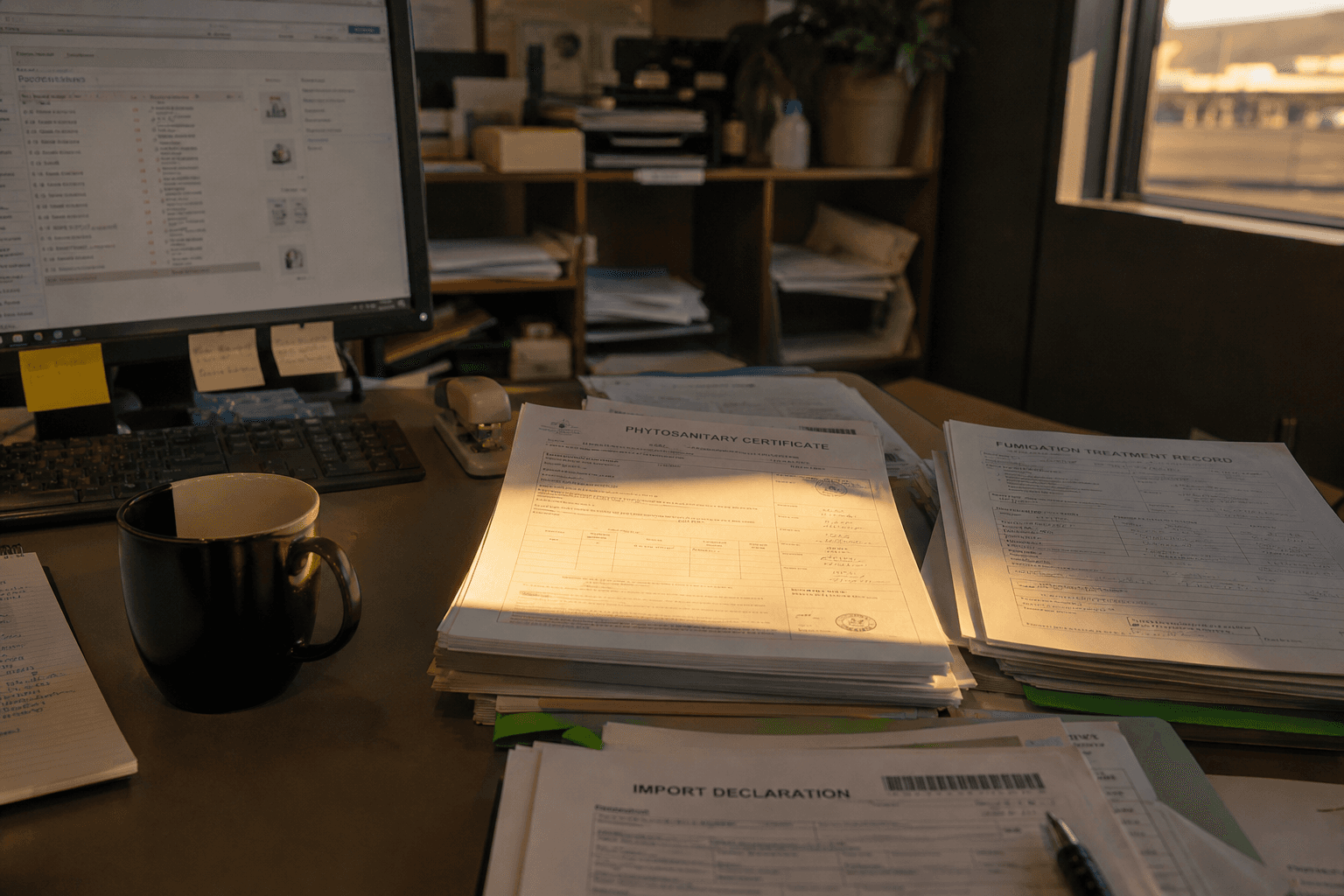 Close-up of a freight office desk with stacked biosecurity certificates and treatment records next to a computer monitor, lit by warm late-afternoon light.