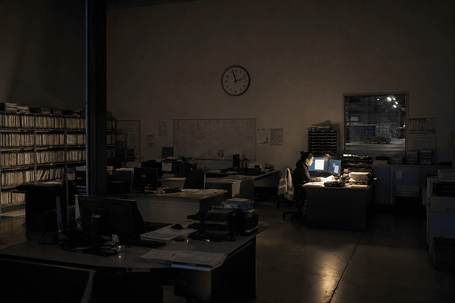 Wide view of a dimly lit depot office at night, showing a claims officer working alone at a distant desk lit by a monitor and a warm lamp.