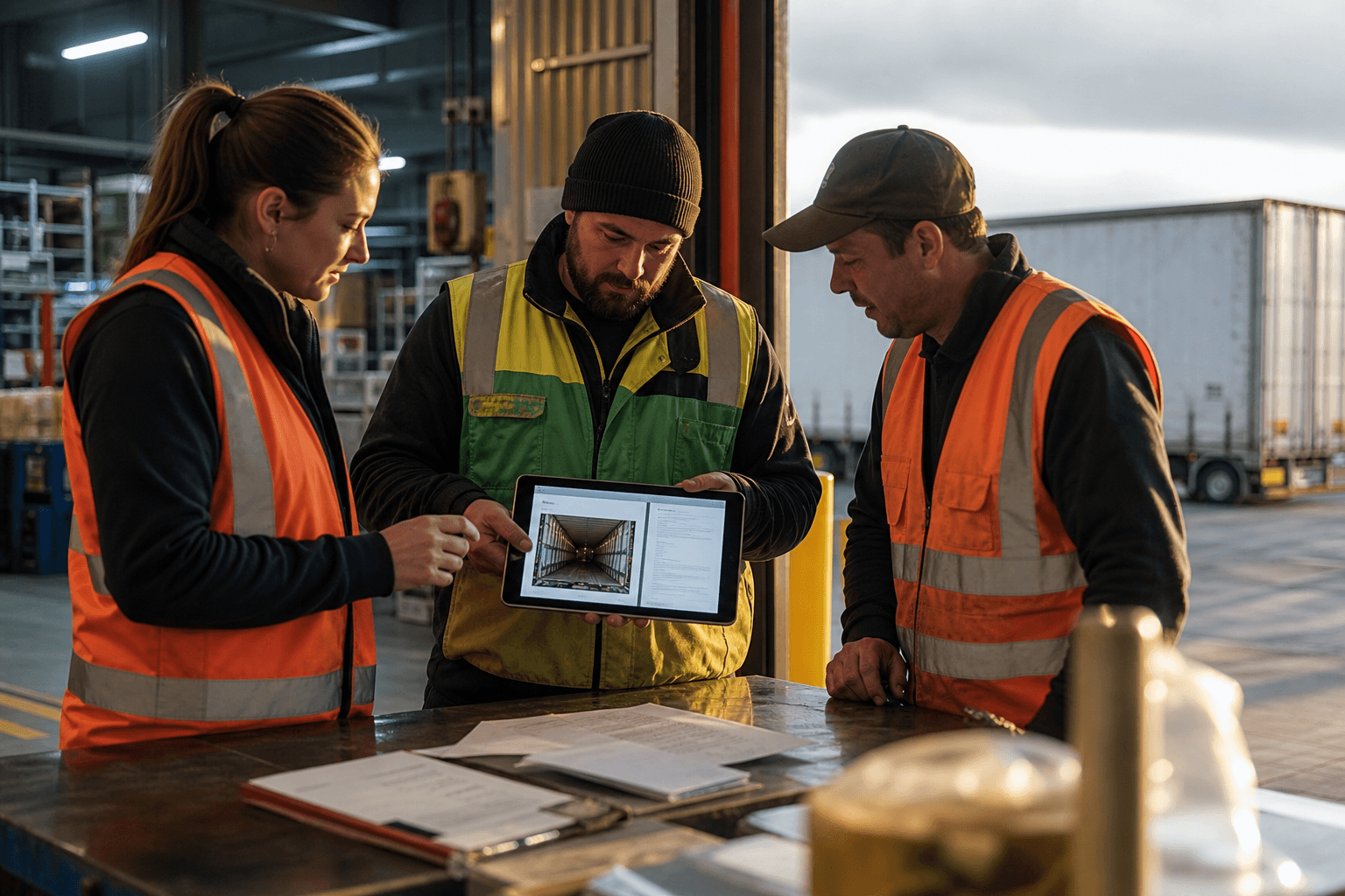 Three warehouse and freight workers in hi-vis standing at a dock table in late-afternoon light, reviewing delivery photos and a condition report on a tablet.