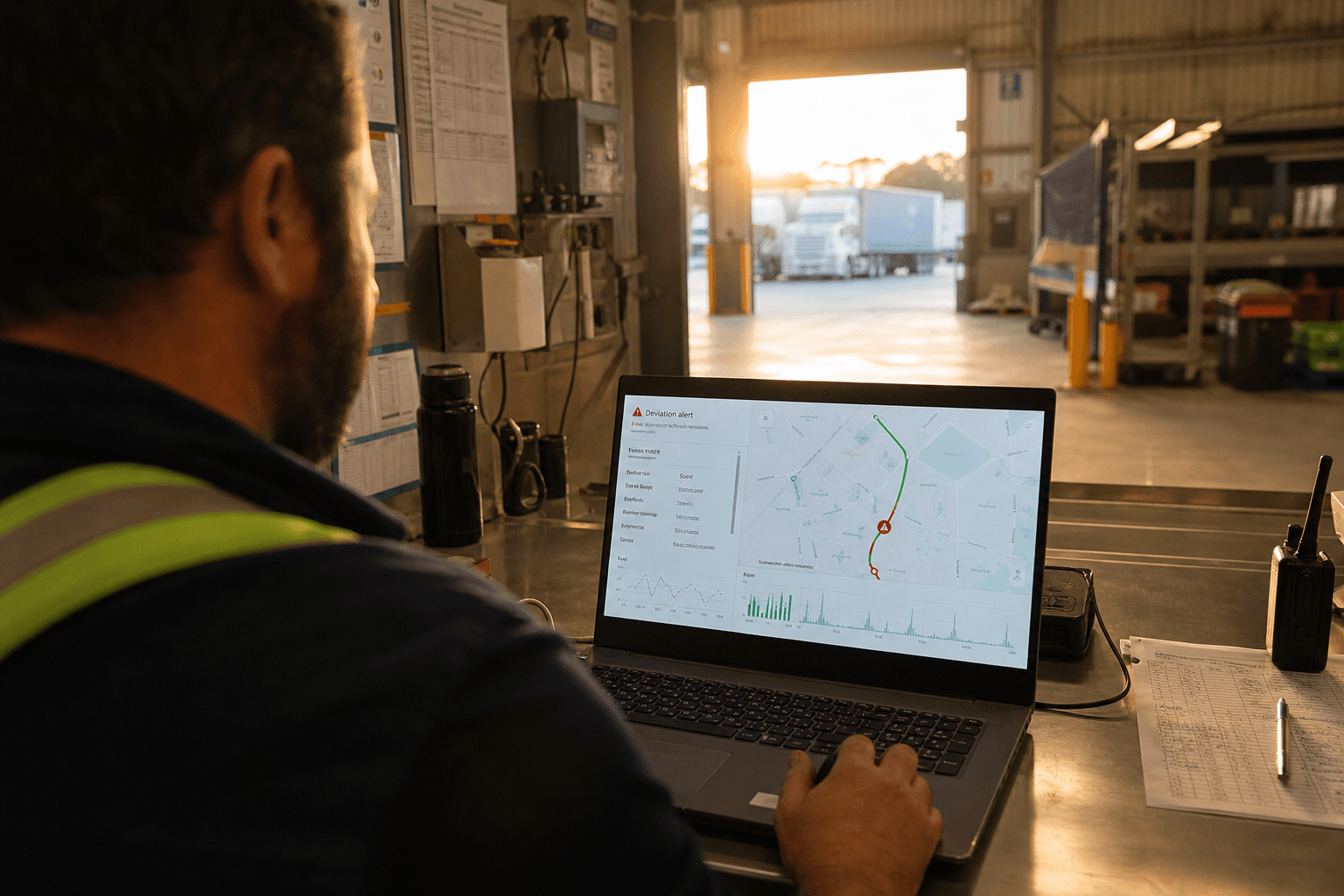 Over-the-shoulder view of a freight worker at a depot bench checking a laptop screen showing a route map with a flagged deviation alert, lit by golden afternoon light.