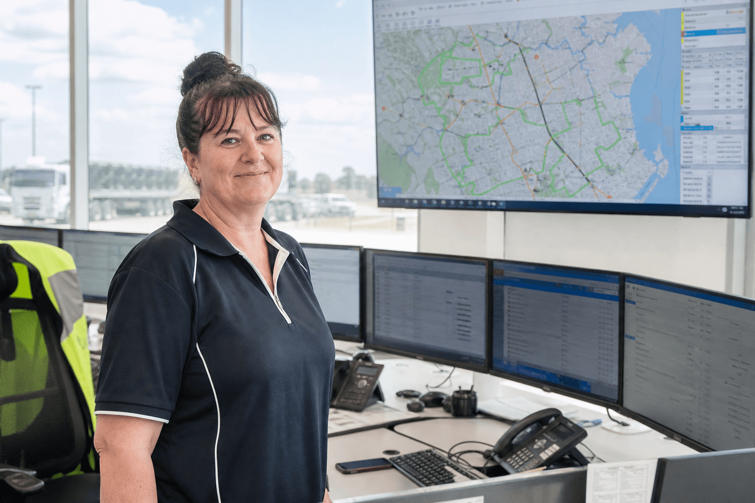 A dispatch coordinator stands at her station in a bright, daylit freight control room with wall screens showing a map of geofenced delivery zones behind her.