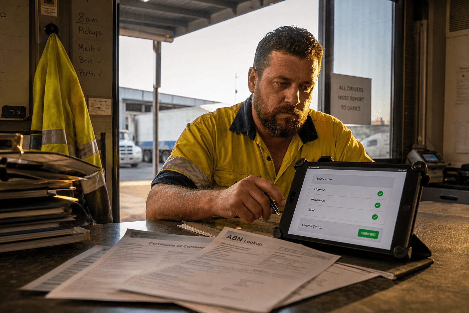 Low-angle view of a freight broker at a depot counter checking a carrier's ABN and insurance documents against a tablet screen, with a loading dock visible in the warm golden-hour light behind them.