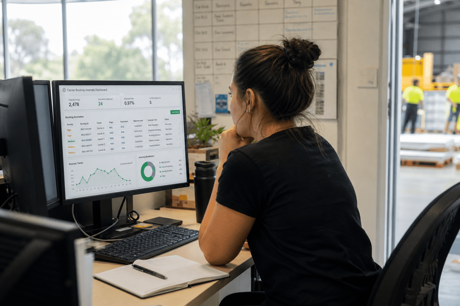 An operations analyst in a bright office reviews a carrier booking anomaly dashboard on a monitor, framed through a doorway with a warehouse and hi-vis workers visible in the background.