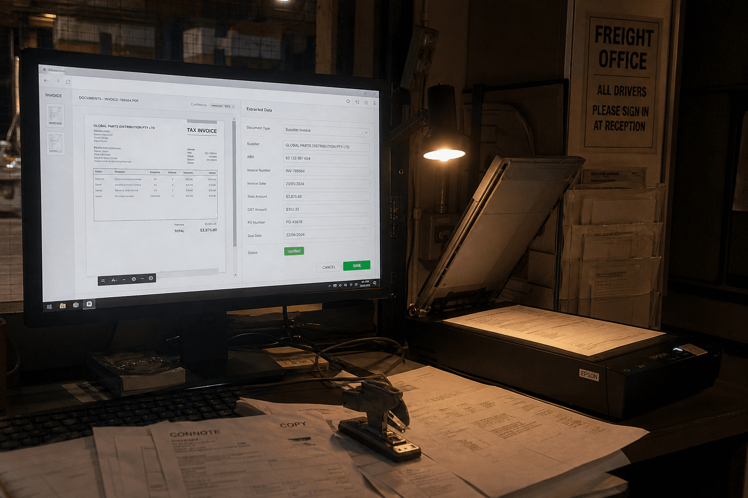 A dimly lit freight office desk at night showing a scanner mid-scan of an invoice and a monitor displaying a document data-extraction screen, with no people visible.