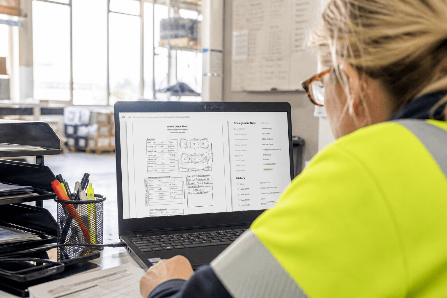 Over-the-shoulder view of a worker at a warehouse desk looking at a laptop screen showing scanned vehicle check sheets and delivery paperwork, with bright daylight through nearby windows.