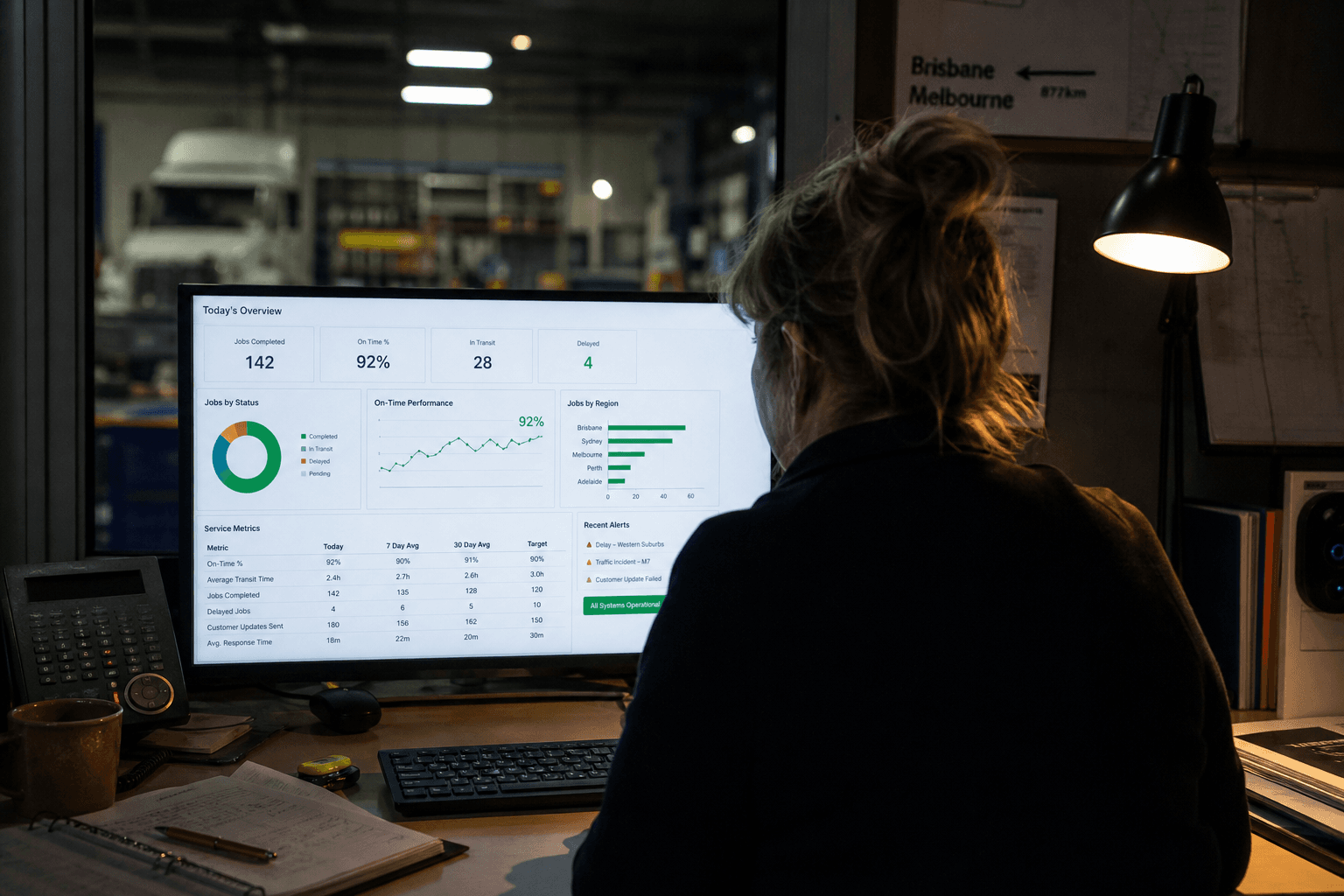 A dispatch coordinator viewed from behind reviews a data dashboard with performance charts on a computer screen in a dimly lit office.
