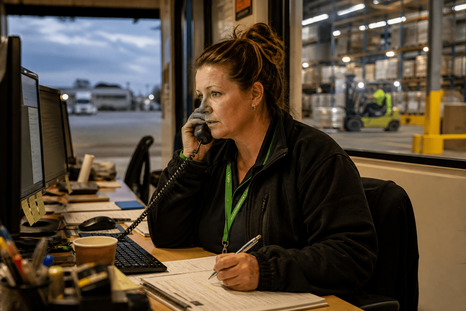An operations worker at a warehouse desk speaks on the phone, warmly lit, with shelving and depot equipment visible in the background.