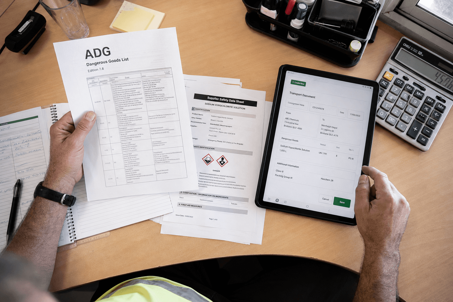 Overhead view of a dispatcher's hands arranging a printed dangerous goods list, a safety data sheet, and a tablet showing a transport document form on a bright depot office desk.