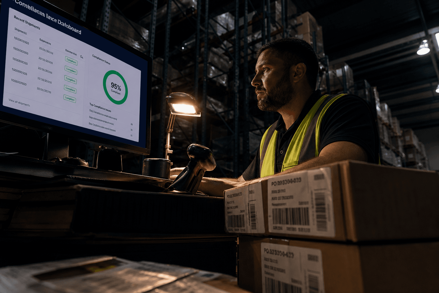 A warehouse worker studies a compliance dashboard on a monitor in a dim depot at night, lit by screen glow and a warm task lamp, with pallet racking visible in the background.