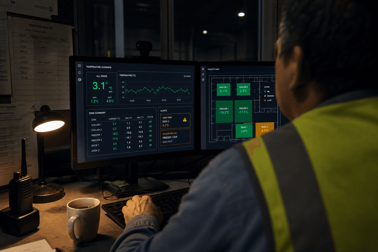 Over-the-shoulder view of a logistics worker in a hi-vis vest seated at a dimly lit workstation, studying temperature monitoring dashboards glowing on two screens in a cold chain control room.