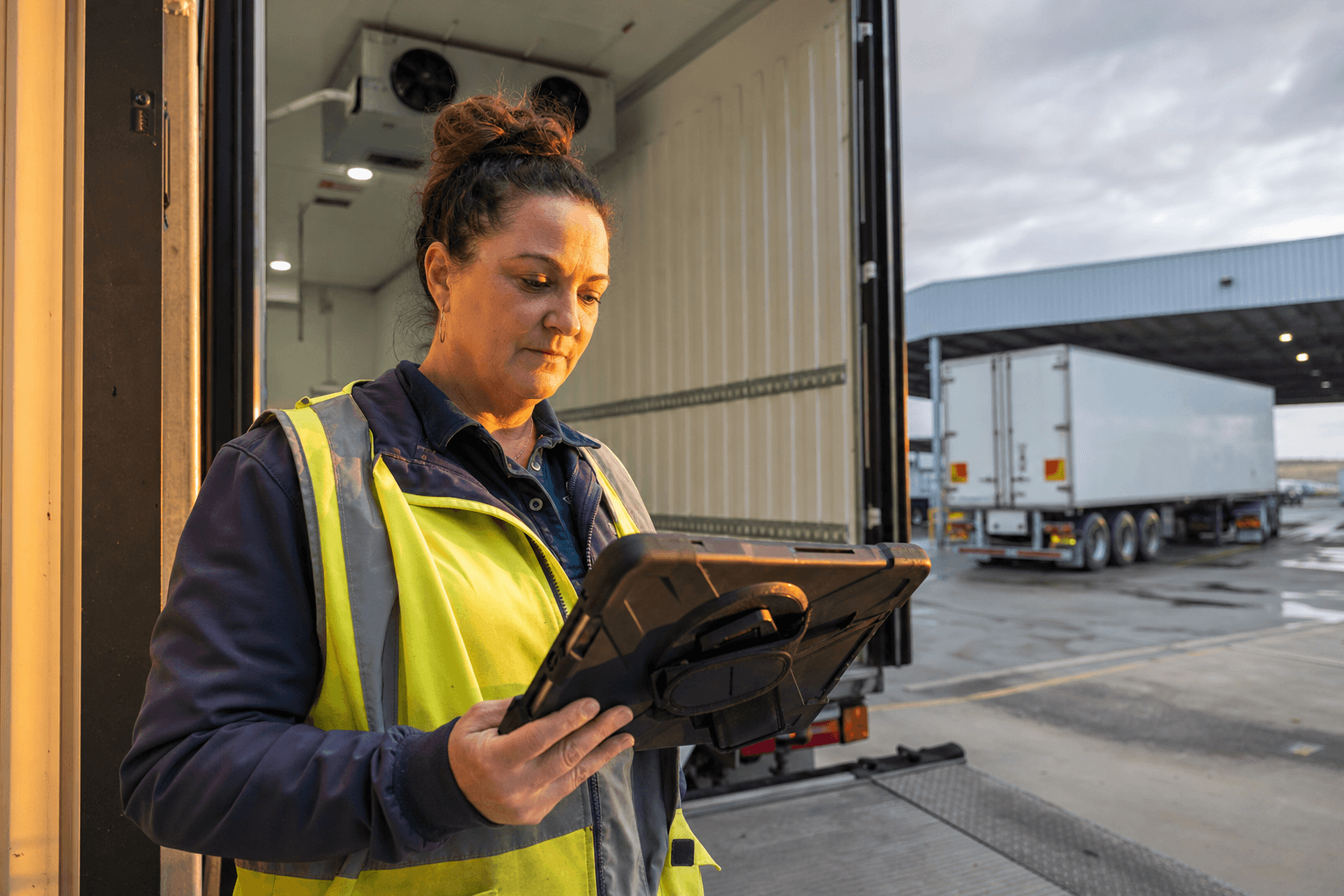 A female freight worker in a yellow hi-vis vest stands at the open door of a refrigerated trailer at an Australian depot, reviewing temperature data on a ruggedised tablet in the warm late-afternoon light.