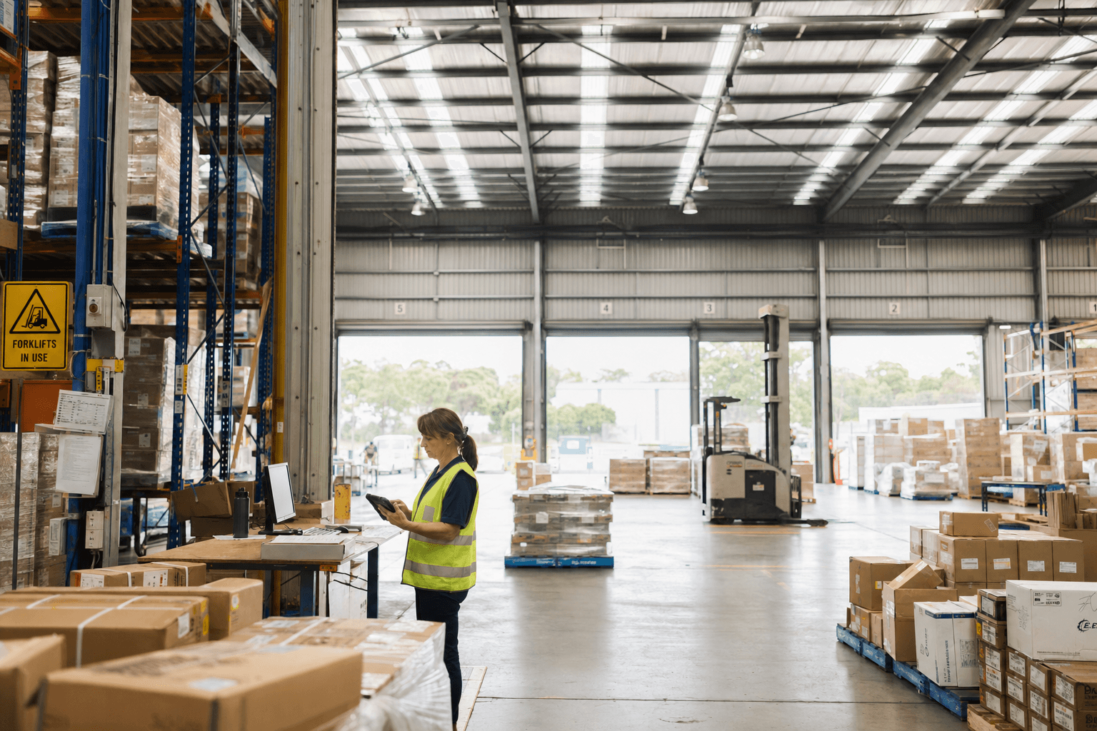 Wide shot of a large Australian warehouse interior flooded with natural daylight, with a female dispatch coordinator in hi-vis vest reviewing a tablet at a workstation amid tall racking and palletised freight.
