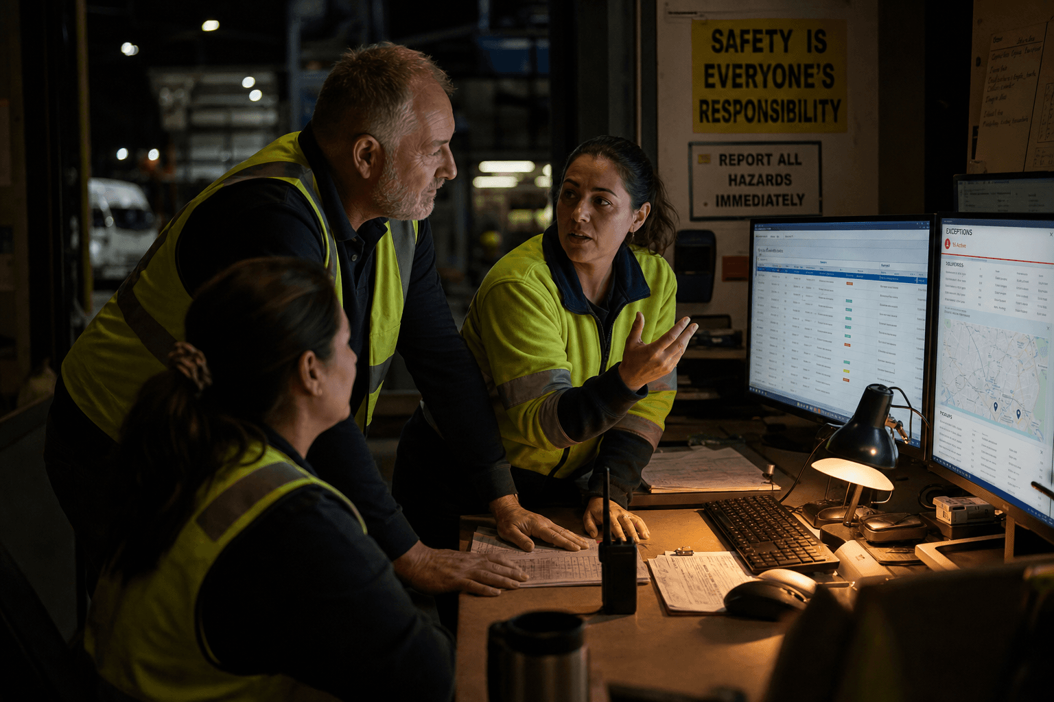 Three logistics workers in hi-vis vests huddle around a desk in a darkened depot, faces lit by monitor screen glow and a warm task lamp, reviewing shipment data and exception alerts together.