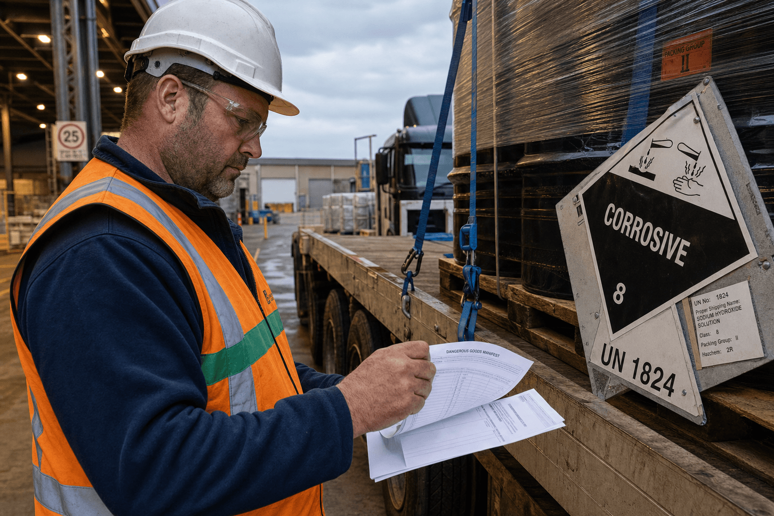 An Australian freight operator in high-vis vest checks a dangerous goods manifest against a UN hazmat placard on a drum load beside a truck in an open depot yard.