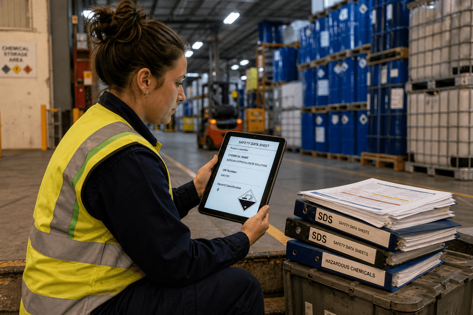 A female logistics worker in high-vis vest reviews a safety data sheet on a tablet at a warehouse dock edge, with SDS binders and palletised chemical drums in the background.