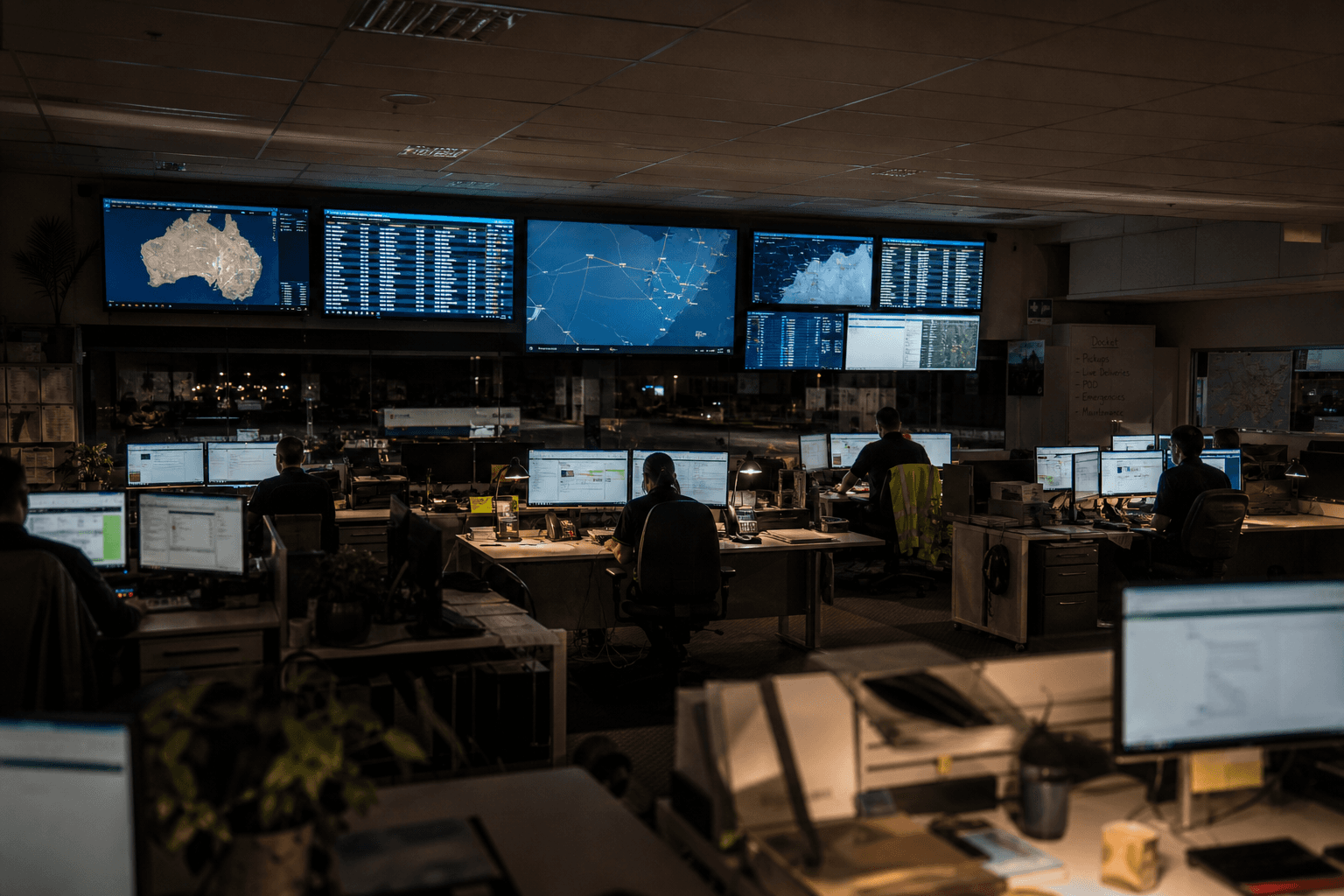 A wide view of a dimly lit Australian freight dispatch office at night with multiple screens showing route maps and data, and a coordinator working alone at a central desk reviewing invoice information.