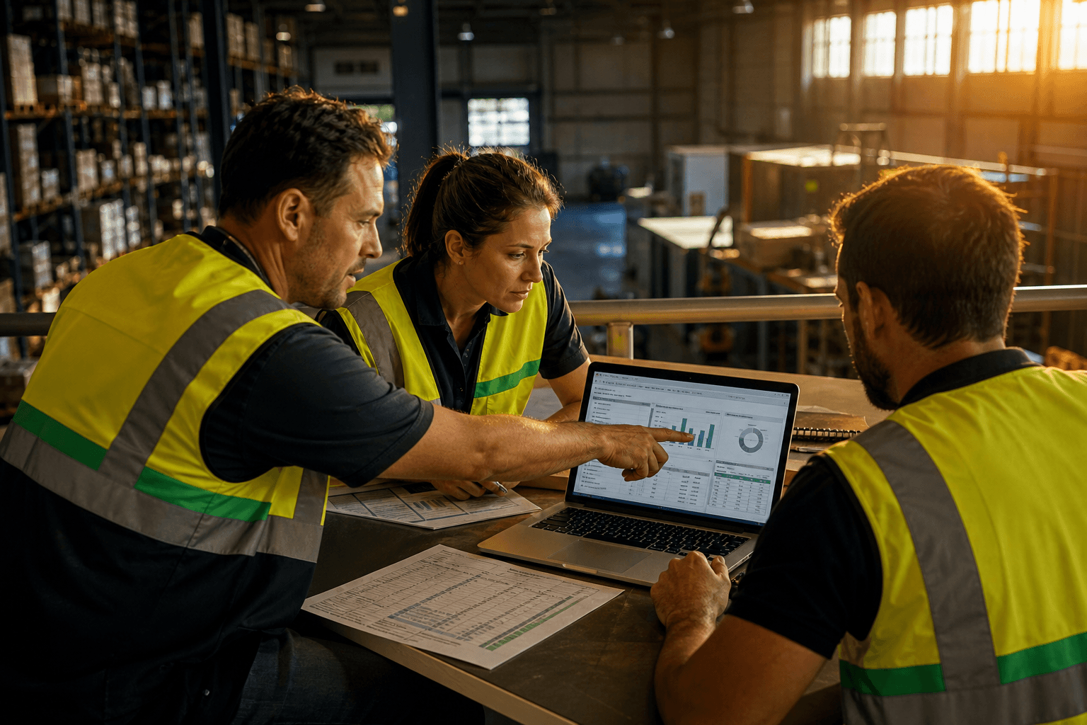 Three logistics workers in hi-vis vests with green reflective stripes gather around a laptop and printed spreadsheets on a warehouse mezzanine, lit by warm late-afternoon sunlight through a high window.