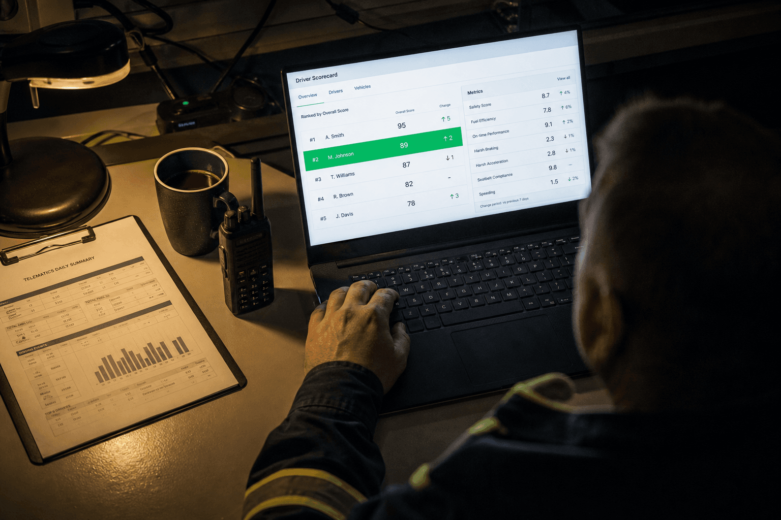 Overhead view of a dispatcher's desk at night showing a laptop with a driver scorecard interface, a coffee cup, and a radio, lit by screen glow and a desk lamp.