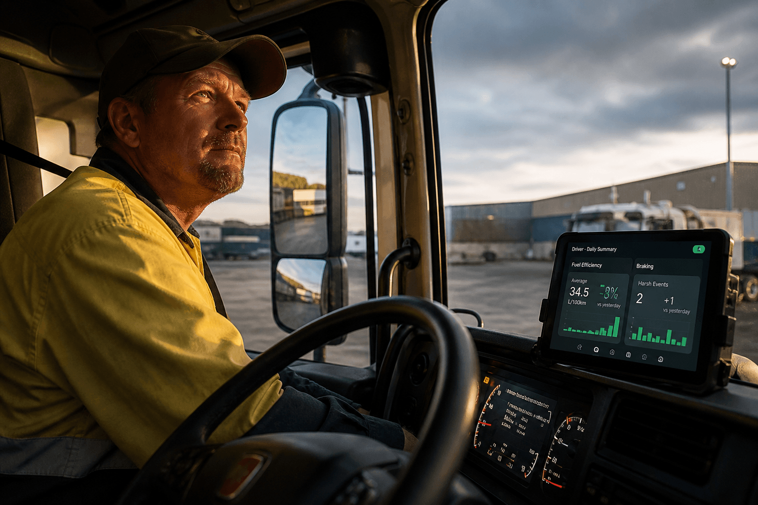 Low-angle view from a truck dashboard looking up at a driver inside the cab, with a mounted telematics tablet displaying fuel and braking metrics, lit by golden-hour light.