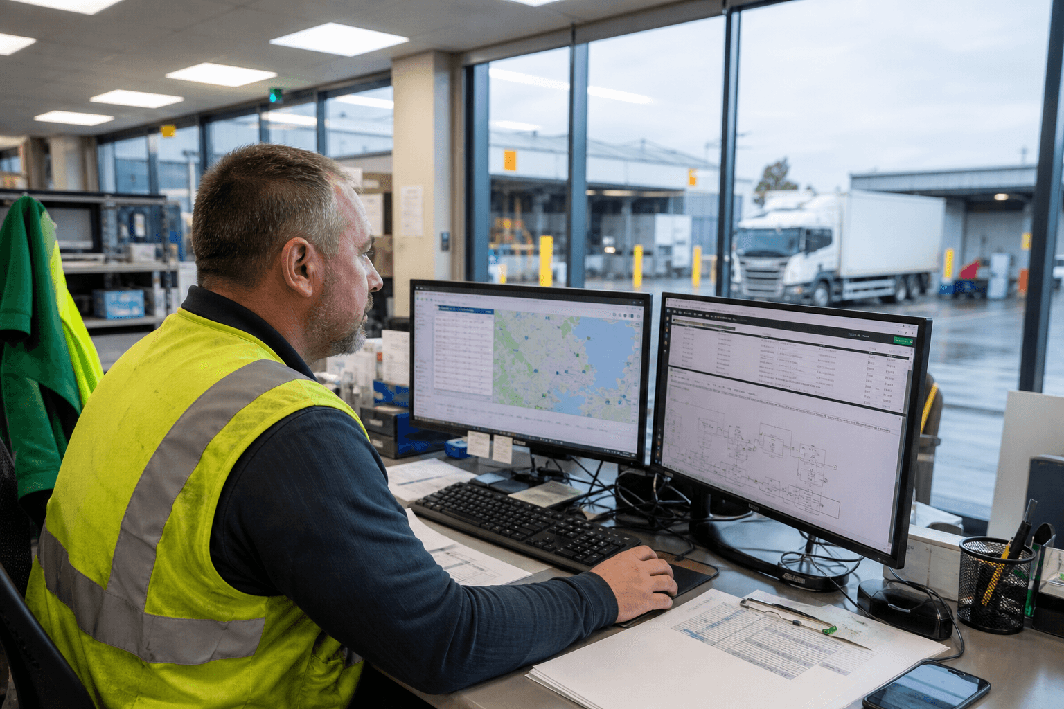 A dispatch coordinator in profile checking two different computer screens showing separate transport and warehouse management systems in a bright depot office.