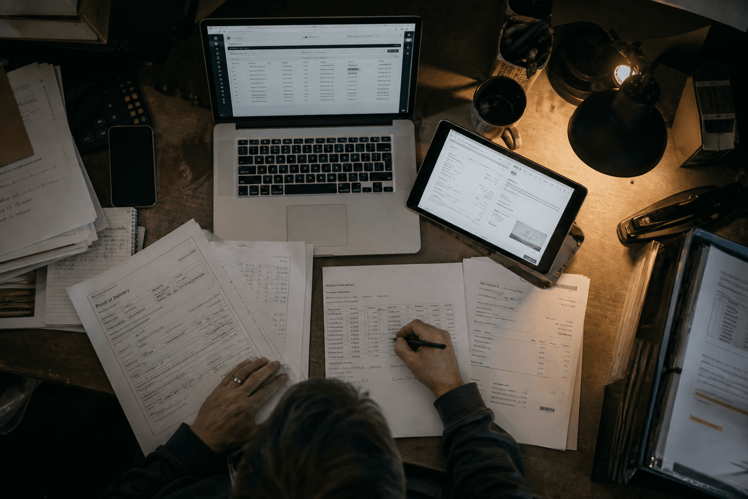 Overhead view of a desk at night with a tablet and laptop showing freight documents and invoices, lit by screen glow and a warm desk lamp, as a hand annotates paperwork.