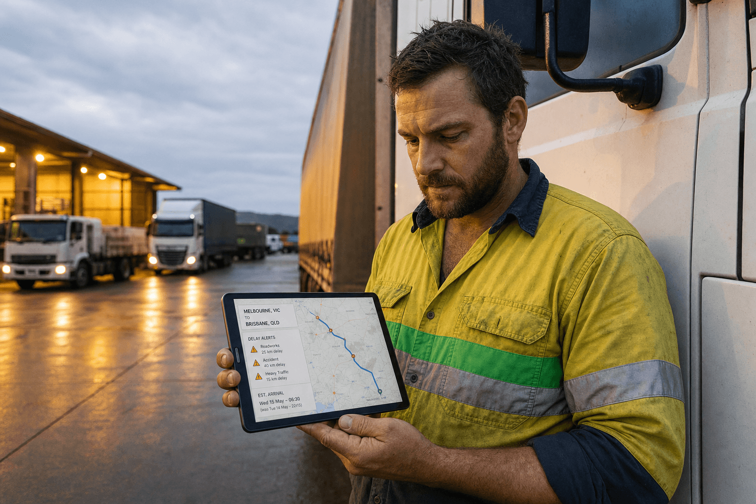 A male Australian truck driver in high-vis checks delay prediction alerts on a tablet beside his semi-trailer cab at a regional freight depot under an overcast morning sky.