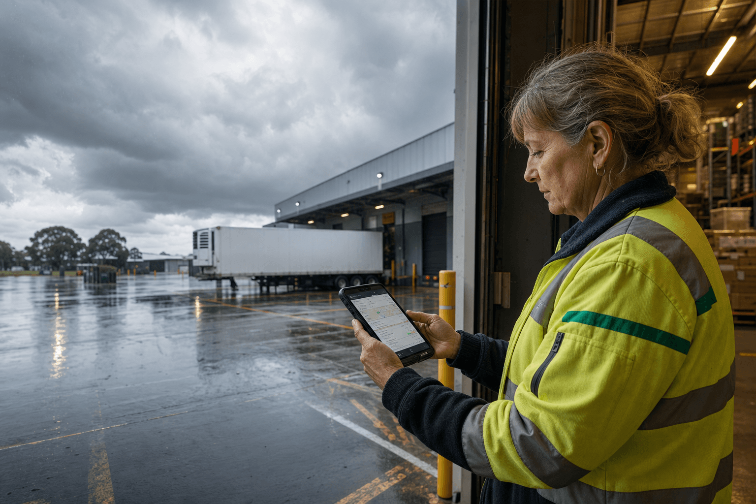 An older female warehouse worker in a high-vis jacket stands at a freight depot roller door in light rain, reviewing weather impact alerts on a handheld device while a refrigerated trailer is visible at a loading dock behind her.