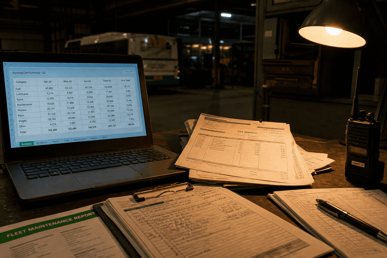 A dimly lit depot desk at night showing a laptop with a cost breakdown spreadsheet, stacked maintenance invoices, and a desk lamp, with no people in the frame.