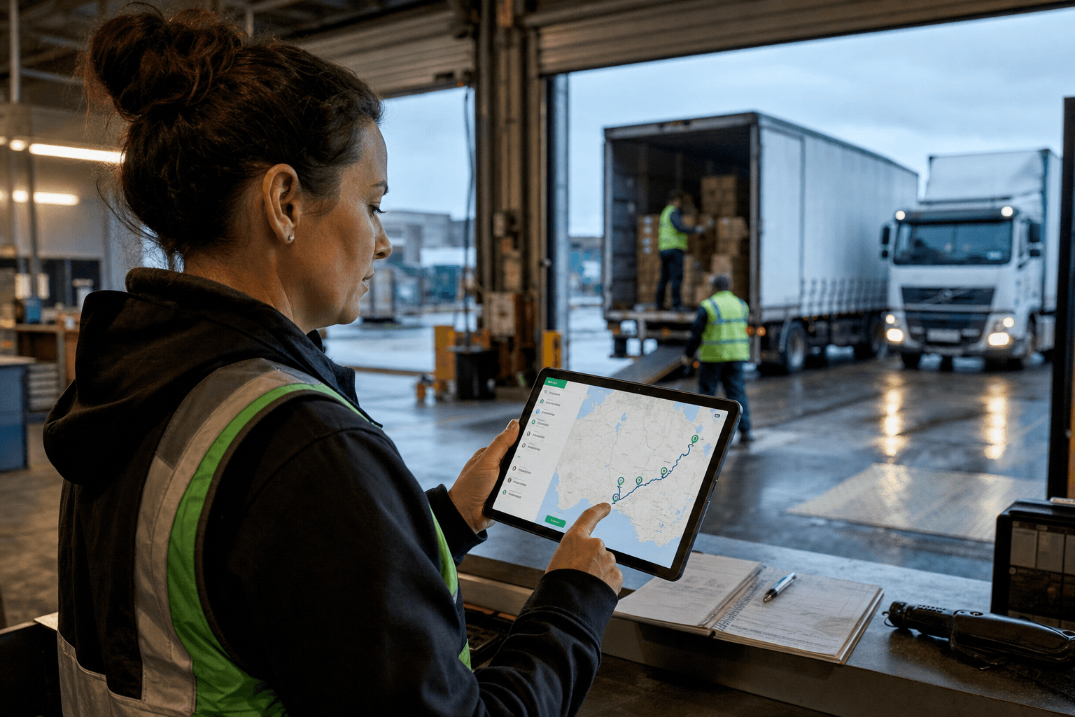 A female dispatcher in a high-vis vest reviews a route map on a tablet at an Australian warehouse loading dock, with freight trucks backed into bays behind her.