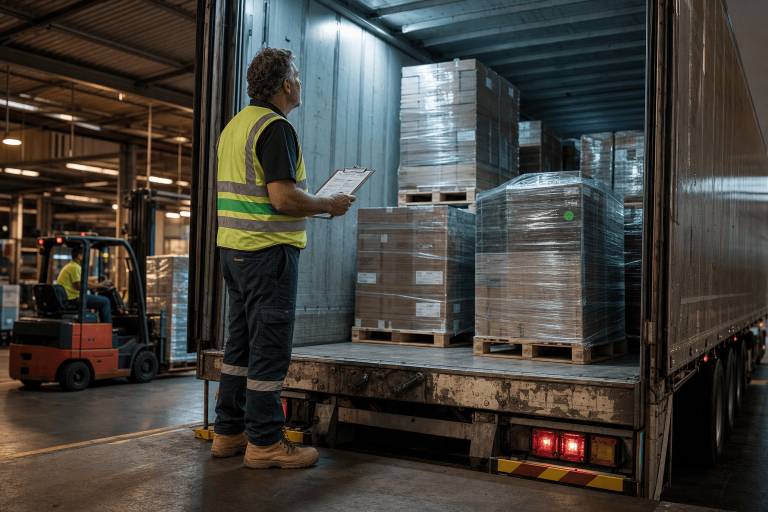 A warehouse worker in a high-vis vest inspects the partially loaded interior of a semi-trailer at an Australian freight depot, with a forklift and pallets visible in the background.