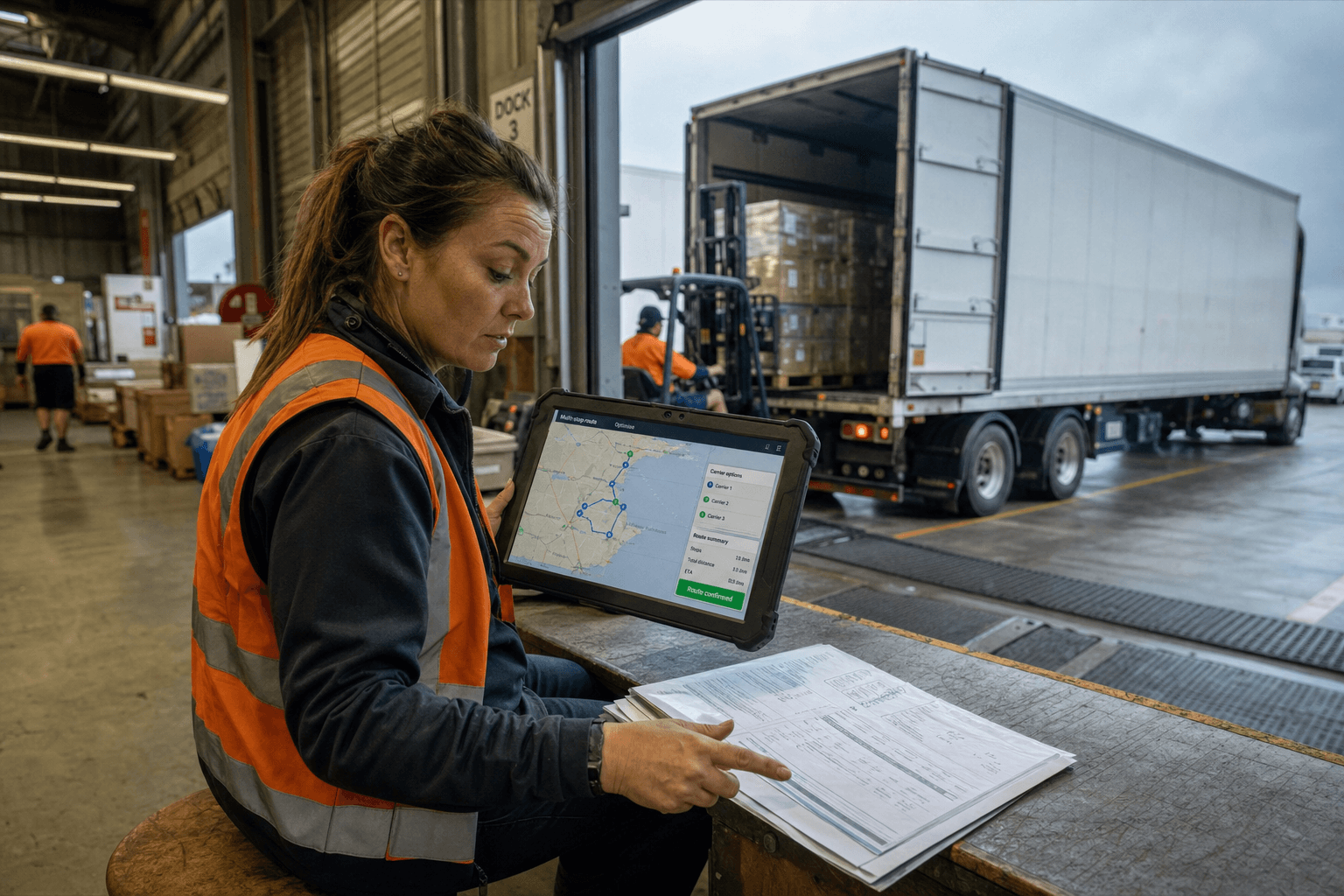 A female freight planner in orange high-vis studies a route optimisation map on a tablet at a loading dock, with a forklift loading a semi-trailer in the background of a distribution centre.