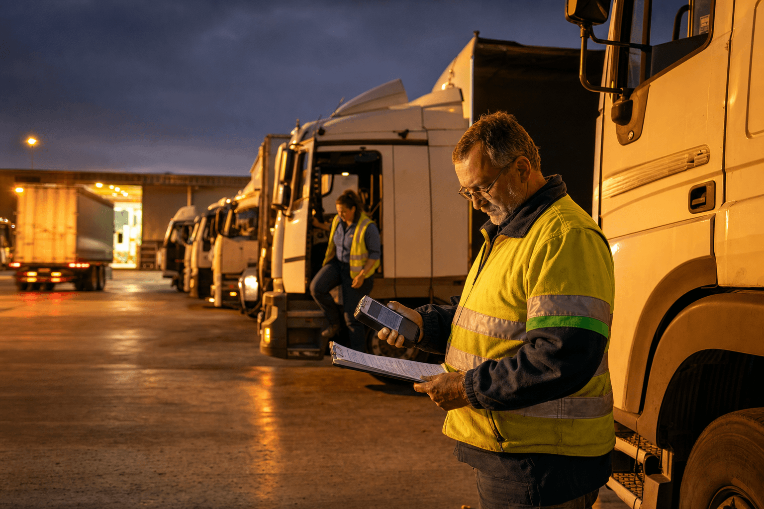 A male depot manager in high-vis reviews a handheld device beside a semi-trailer in a busy Australian freight depot yard at dusk, with a female truck driver climbing down from a cab in the background.