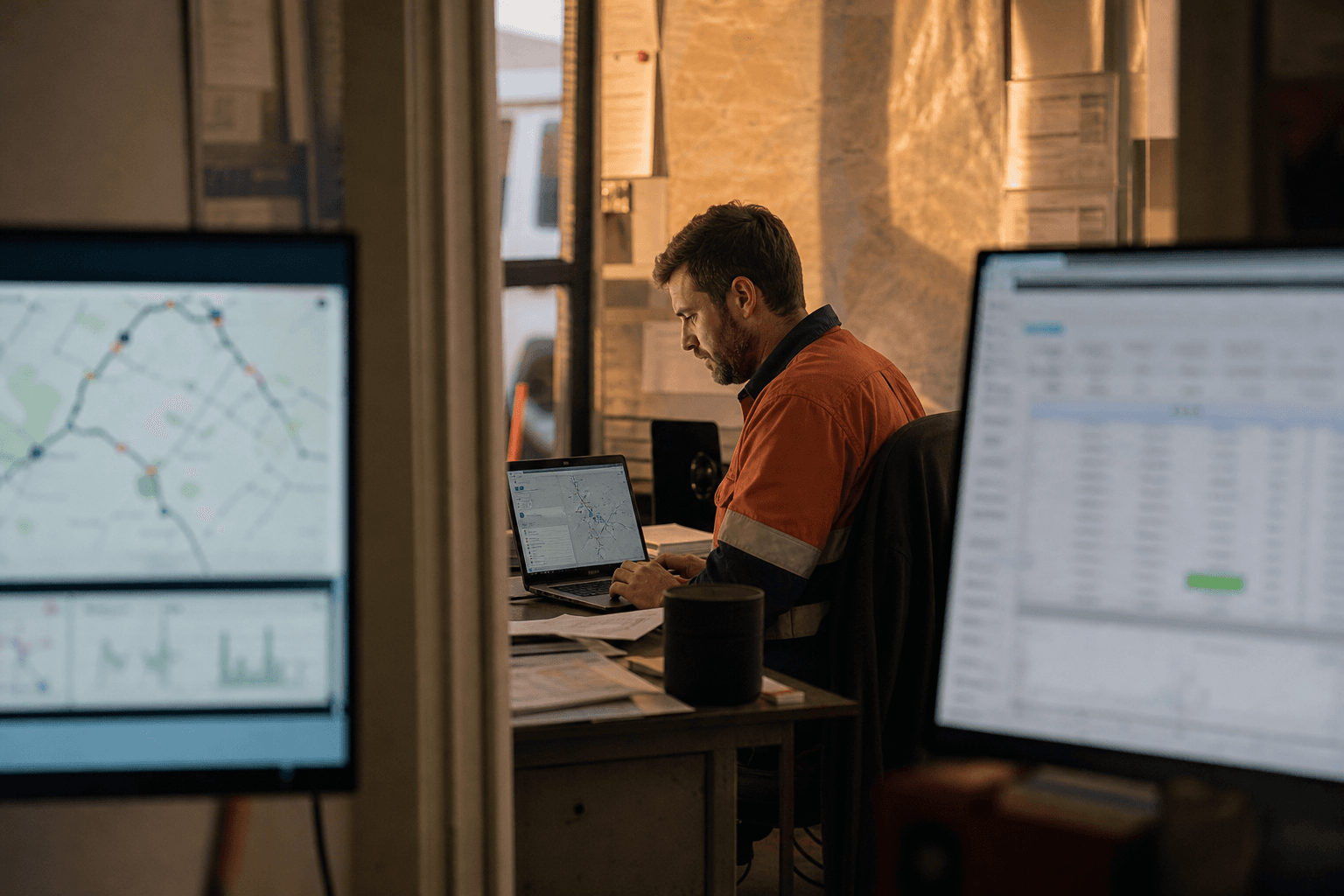 An analyst viewed through a doorway and between monitors works on a laptop cross-referencing fuel and GPS data, lit by warm golden-hour light.